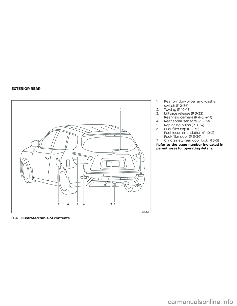 NISSAN PATHFINDER 2019  Owner´s Manual 1. Rear window wiper and washerswitch (P. 2-36)
2. Towing (P. 10-18)
3. Lif tgate release (P. 3-32) Rearview camera (P. 4-3, 4-11)
4. Rear sonar sensors (P. 5-79)
5. Replacing bulbs (P. 8-24)
6. Fuel-