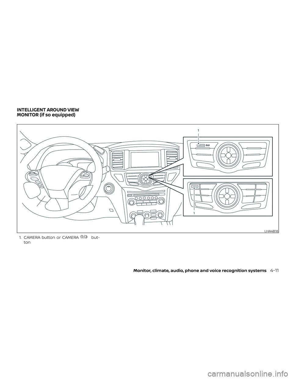 NISSAN PATHFINDER 2019  Owner´s Manual 1. CAMERA button or CAMERAbut-
ton
LHA4816
INTELLIGENT AROUND VIEW
MONITOR (if so equipped)
Monitor, climate, audio, phone and voice recognition systems4-11 