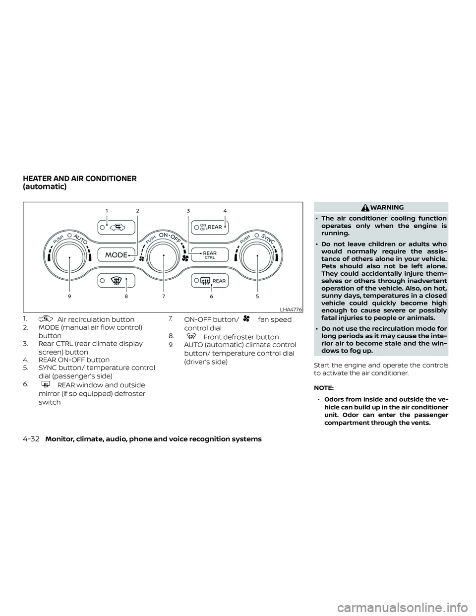 NISSAN PATHFINDER 2019  Owner´s Manual 1.Air recirculation button
2. MODE (manual air flow control)
button
3. Rear CTRL (rear climate display
screen) button
4. REAR ON-OFF button
5. SYNC button/ temperature control
dial (passenger’s side