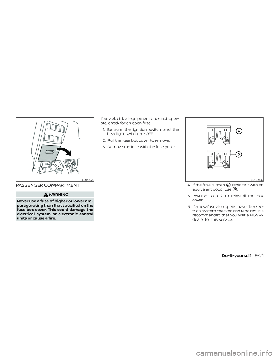 NISSAN PATHFINDER 2019  Owner´s Manual PASSENGER COMPARTMENT
WARNING
Never use a fuse of higher or lower am-
perage rating than that specified on the
fuse box cover. This could damage the
electrical system or electronic control
units or ca