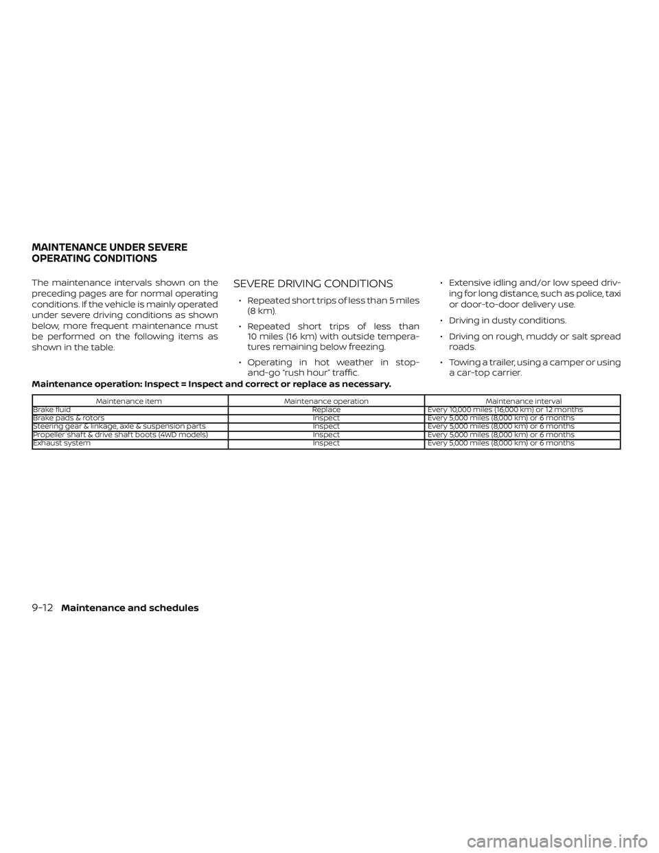 NISSAN PATHFINDER 2019 Owner´s Manual The maintenance intervals shown on the
preceding pages are for normal operating
conditions. If the vehicle is mainly operated
under severe driving conditions as shown
below, more frequent maintenance NISSAN PATHFINDER 2019 Owner´s Manual The maintenance intervals shown on the
preceding pages are for normal operating
conditions. If the vehicle is mainly operated
under severe driving conditions as shown
below, more frequent maintenance