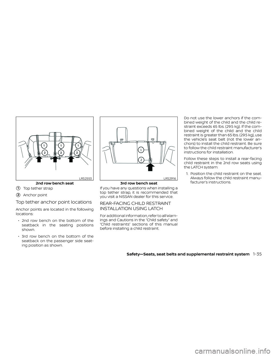 NISSAN PATHFINDER 2019  Owner´s Manual 1Top tether strap
2Anchor point
Top tether anchor point locations
Anchor points are located in the following
locations:∙ 2nd row bench on the bottom of the seatback in the seating positions
shown.