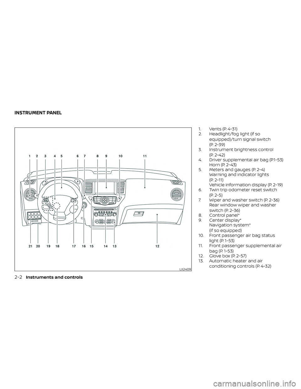 NISSAN PATHFINDER 2019  Owner´s Manual 1. Vents (P. 4-31)
2. Headlight/fog light (if soequipped)/turn signal switch
(P. 2-39)
3. Instrument brightness control
(P. 2-42)
4. Driver supplemental air bag (P.1-53) Horn (P. 2-43)
5. Meters and g