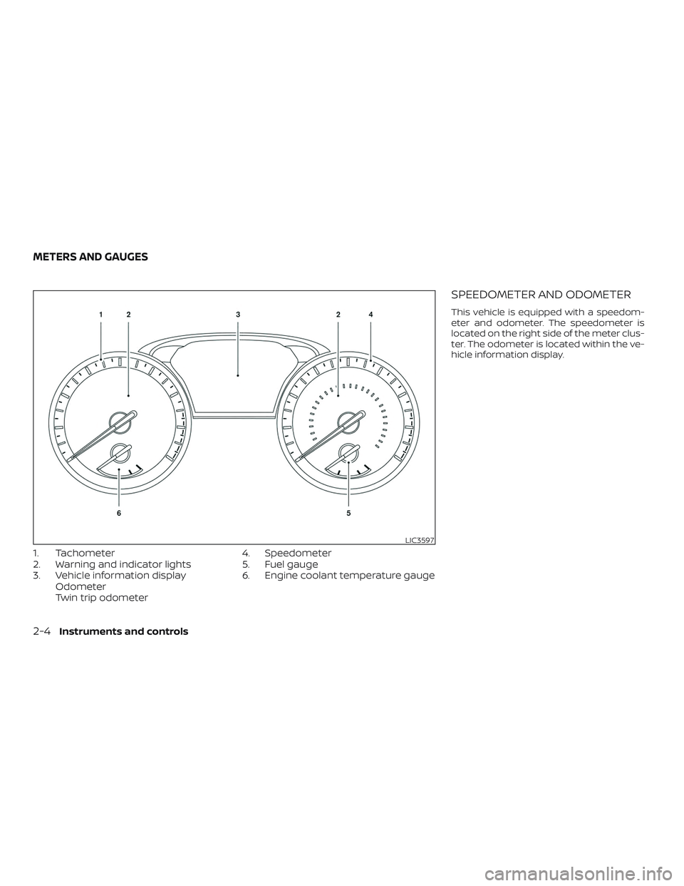 NISSAN PATHFINDER 2019  Owner´s Manual 1. Tachometer
2. Warning and indicator lights
3. Vehicle information displayOdometer
Twin trip odometer 4. Speedometer
5. Fuel gauge
6. Engine coolant temperature gauge
SPEEDOMETER AND ODOMETER
This v