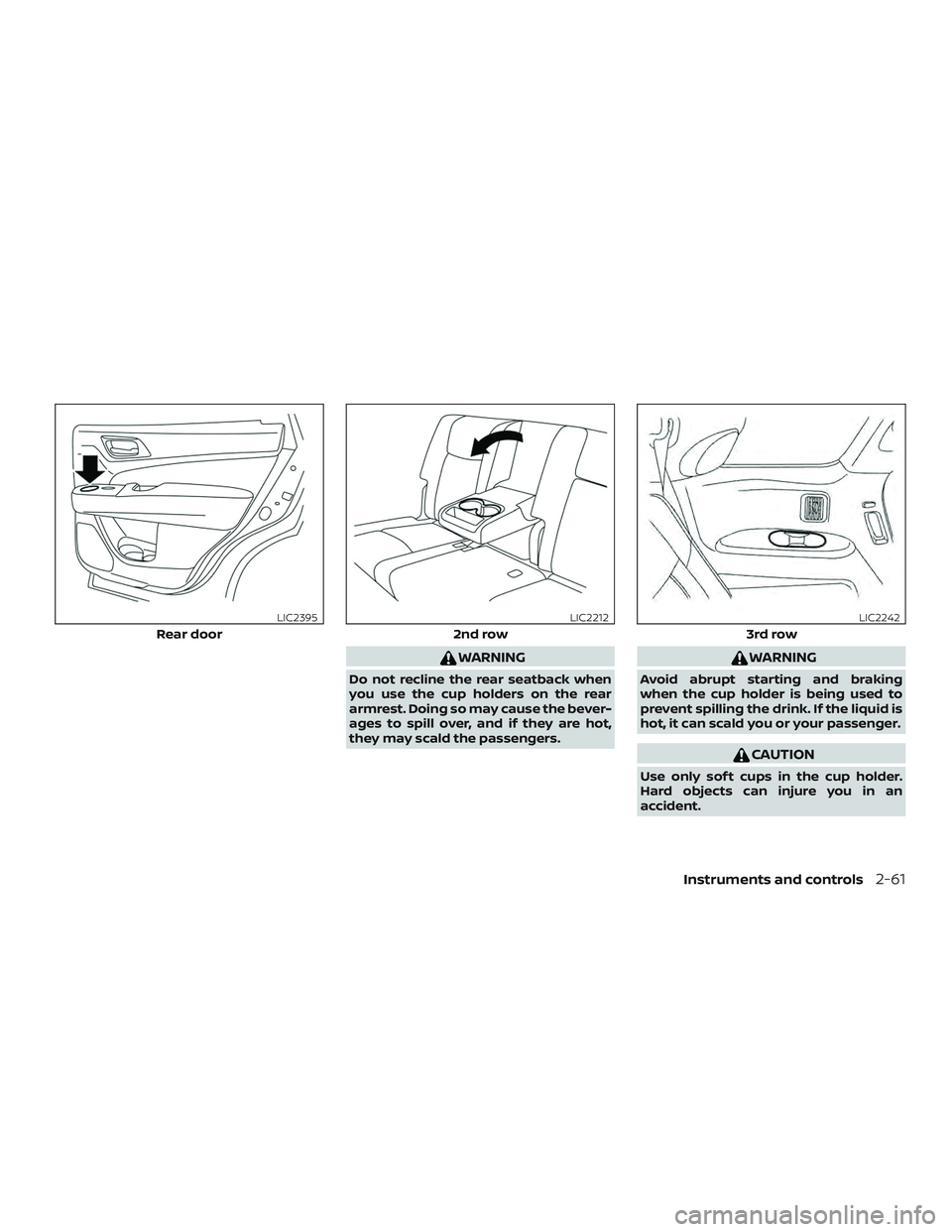 NISSAN PATHFINDER 2018 Owner´s Manual WARNING
Do not recline the rear seatback when
you use the cup holders on the rear
armrest. Doing so may cause the bever-
ages to spill over, and if they are hot,
they may scald the passengers.
WARNING NISSAN PATHFINDER 2018 Owner´s Manual WARNING
Do not recline the rear seatback when
you use the cup holders on the rear
armrest. Doing so may cause the bever-
ages to spill over, and if they are hot,
they may scald the passengers.
WARNING
