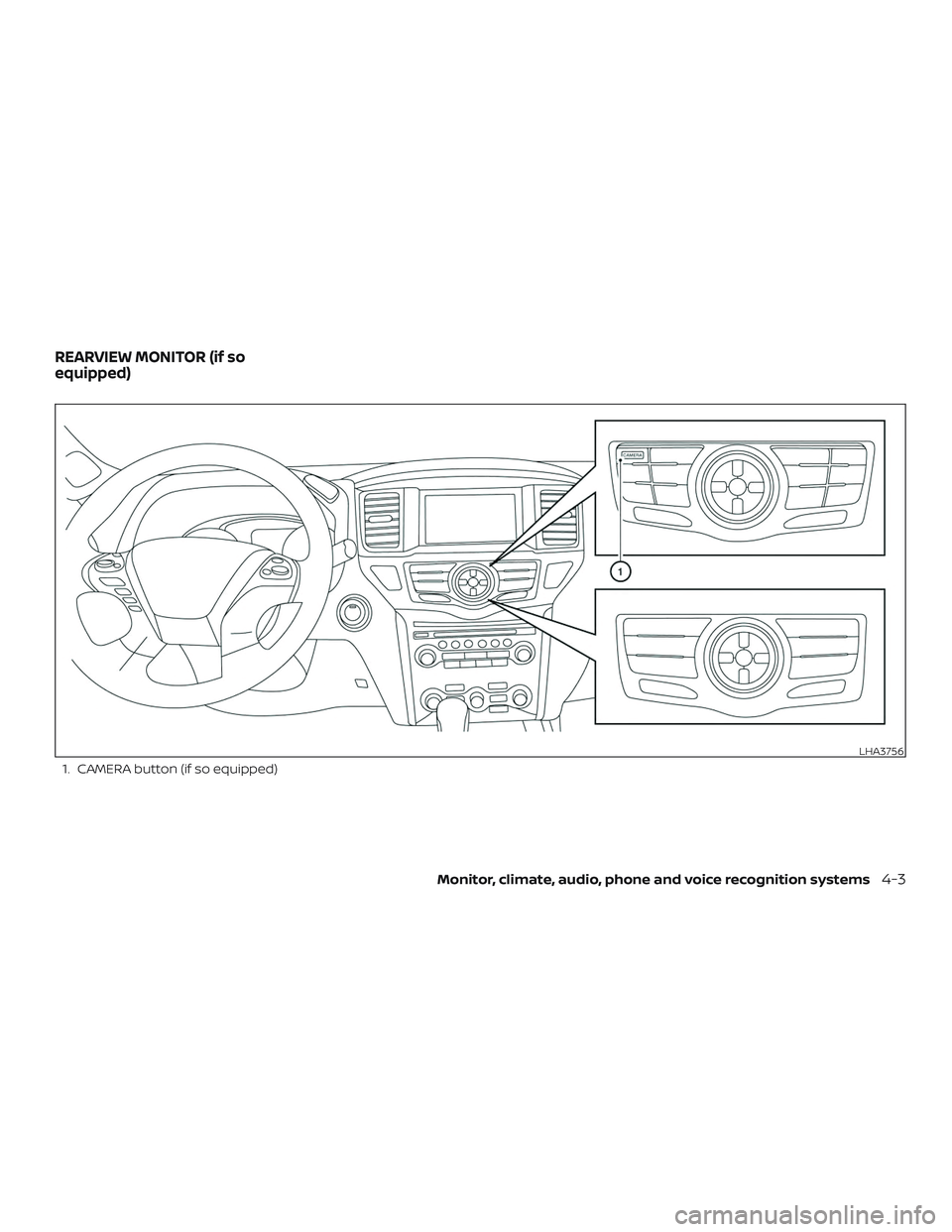 NISSAN PATHFINDER 2018  Owner´s Manual 1. CAMERA button (if so equipped)
LHA3756
REARVIEW MONITOR (if so
equipped)
Monitor, climate, audio, phone and voice recognition systems4-3 