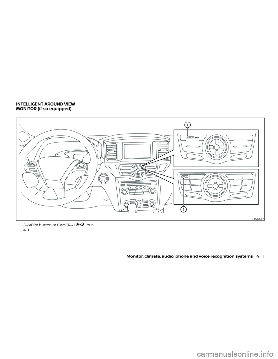 NISSAN PATHFINDER 2018  Owner´s Manual 1. CAMERA button or CAMERA /but-
ton
LHA4447
INTELLIGENT AROUND VIEW
MONITOR (if so equipped)
Monitor, climate, audio, phone and voice recognition systems4-11 
