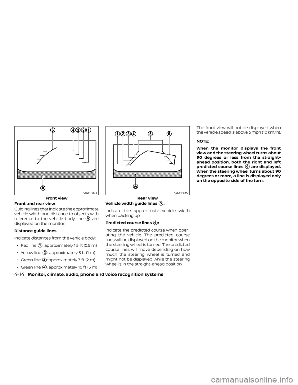 NISSAN PATHFINDER 2018  Owner´s Manual Front and rear view
Guiding lines that indicate the approximate
vehicle width and distance to objects with
reference to the vehicle body line
Aare
displayed on the monitor.
Distance guide lines
Indic
