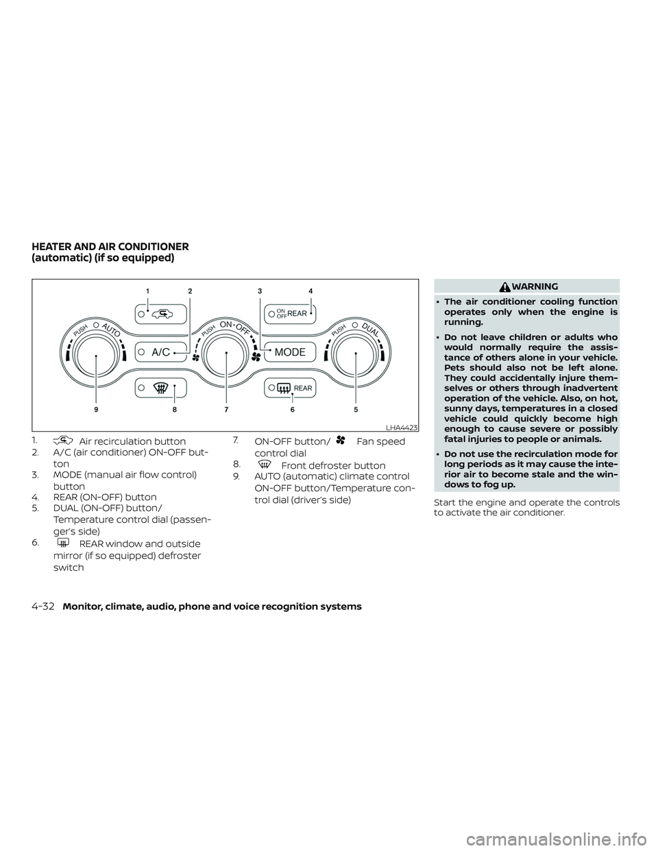 NISSAN PATHFINDER 2018 Owner´s Manual 1.Air recirculation button
2. A/C (air conditioner) ON-OFF but-
ton
3. MODE (manual air flow control)
button
4. REAR (ON-OFF) button
5. DUAL (ON-OFF) button/
Temperature control dial (passen-
ger’s NISSAN PATHFINDER 2018 Owner´s Manual 1.Air recirculation button
2. A/C (air conditioner) ON-OFF but-
ton
3. MODE (manual air flow control)
button
4. REAR (ON-OFF) button
5. DUAL (ON-OFF) button/
Temperature control dial (passen-
ger’s