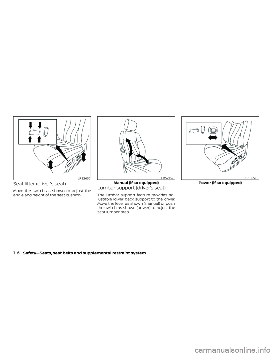 NISSAN PATHFINDER 2018  Owner´s Manual Seat lif ter (driver’s seat)
Move the switch as shown to adjust the
angle and height of the seat cushion.Lumbar support (driver’s seat)
The lumbar support feature provides ad-
justable lower back 