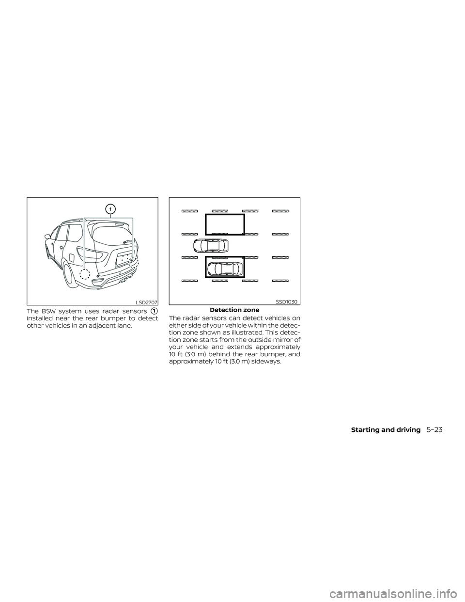 NISSAN PATHFINDER 2018  Owner´s Manual The BSW system uses radar sensors1
installed near the rear bumper to detect
other vehicles in an adjacent lane.The radar sensors can detect vehicles on
either side of your vehicle within the detec-
t