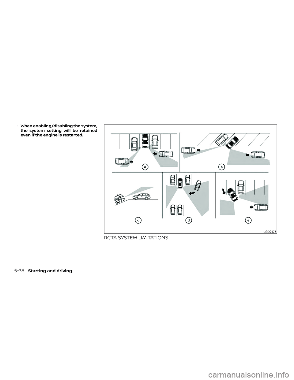 NISSAN PATHFINDER 2018  Owner´s Manual ∙When enabling/disabling the system,
the system setting will be retained
even if the engine is restarted.
RCTA SYSTEM LIMITATIONS
LSD2173
5-36Starting and driving 