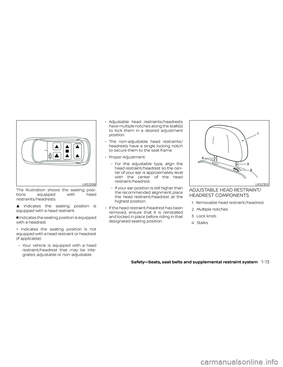 NISSAN PATHFINDER 2018  Owner´s Manual The illustration shows the seating posi-
tions equipped with head
restraints/headrests.
Indicates the seating position is
equipped with a head restraint.
 Indicates the seating position is equipped

