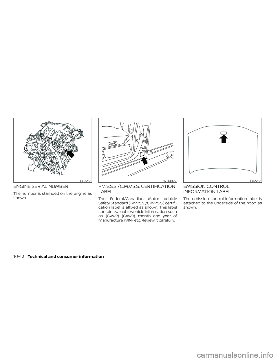 NISSAN PATHFINDER 2018 Owner´s Manual ENGINE SERIAL NUMBER
The number is stamped on the engine as
shown.
F.M.V.S.S./C.M.V.S.S. CERTIFICATION
LABEL
The Federal/Canadian Motor Vehicle
Safety Standard (F.M.V.S.S./C.M.V.S.S.) certifi-
cation NISSAN PATHFINDER 2018 Owner´s Manual ENGINE SERIAL NUMBER
The number is stamped on the engine as
shown.
F.M.V.S.S./C.M.V.S.S. CERTIFICATION
LABEL
The Federal/Canadian Motor Vehicle
Safety Standard (F.M.V.S.S./C.M.V.S.S.) certifi-
cation