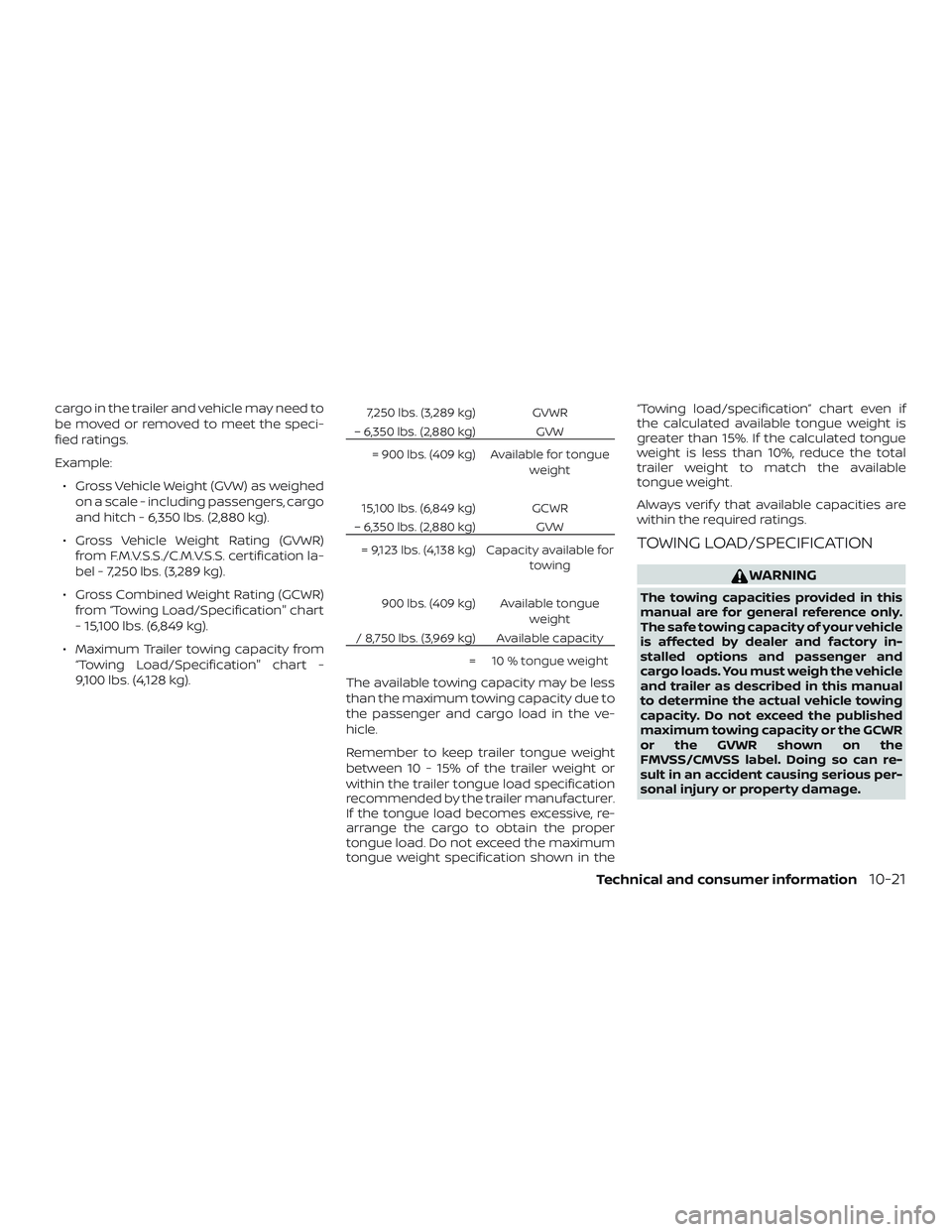 NISSAN PATHFINDER 2018 Owner´s Manual cargo in the trailer and vehicle may need to
be moved or removed to meet the speci-
fied ratings.
Example:∙ Gross Vehicle Weight (GVW) as weighed on a scale - including passengers, cargo
and hitch - NISSAN PATHFINDER 2018 Owner´s Manual cargo in the trailer and vehicle may need to
be moved or removed to meet the speci-
fied ratings.
Example:∙ Gross Vehicle Weight (GVW) as weighed on a scale - including passengers, cargo
and hitch -