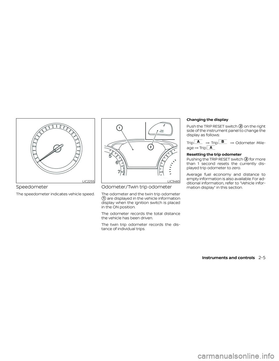 NISSAN PATHFINDER 2018  Owner´s Manual Speedometer
The speedometer indicates vehicle speed.
Odometer/Twin trip odometer
The odometer and the twin trip odometer
1are displayed in the vehicle information
display when the ignition switch is 