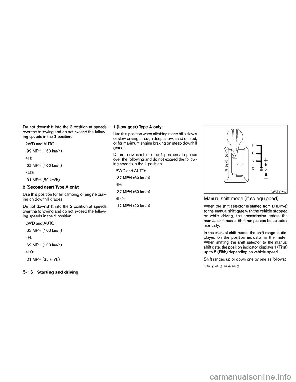 NISSAN PATHFINDER 2011 Owner´s Manual Do not downshift into the 3 position at speeds
over the following and do not exceed the follow-
ing speeds in the 3 position.2WD and AUTO:99 MPH (160 km/h)
4H: 62 MPH (100 km/h)
4LO: 31 MPH (50 km/h)
NISSAN PATHFINDER 2011 Owner´s Manual Do not downshift into the 3 position at speeds
over the following and do not exceed the follow-
ing speeds in the 3 position.2WD and AUTO:99 MPH (160 km/h)
4H: 62 MPH (100 km/h)
4LO: 31 MPH (50 km/h)