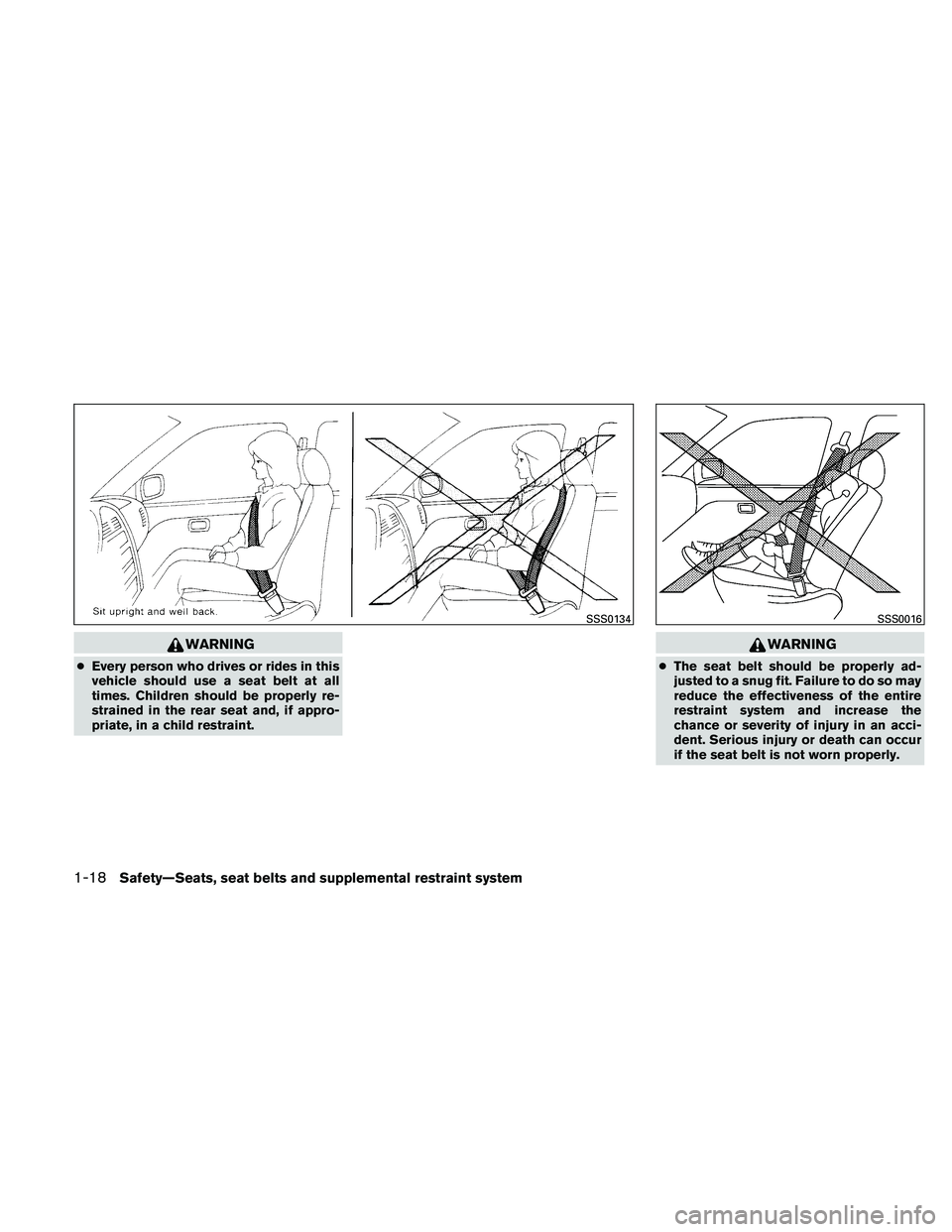 NISSAN PATHFINDER 2011  Owner´s Manual WARNING
●Every person who drives or rides in this
vehicle should use a seat belt at all
times. Children should be properly re-
strained in the rear seat and, if appro-
priate, in a child restraint.
