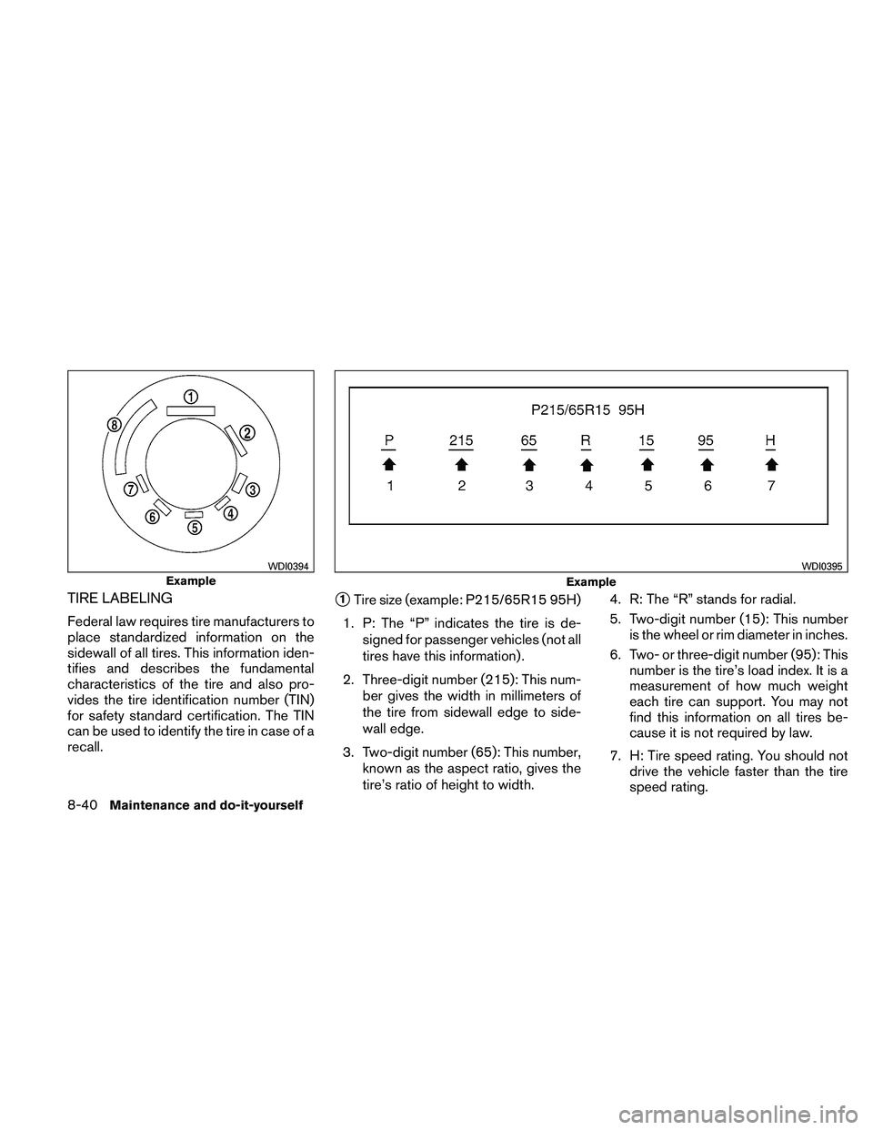 NISSAN PATHFINDER 2011  Owner´s Manual TIRE LABELING
Federal law requires tire manufacturers to
place standardized information on the
sidewall of all tires. This information iden-
tifies and describes the fundamental
characteristics of the