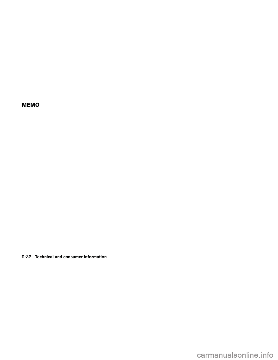 NISSAN PATHFINDER 2011  Owner´s Manual MEMO
9-32Technical and consumer information 