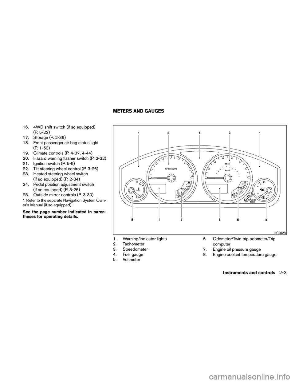 NISSAN PATHFINDER 2011  Owner´s Manual 16. 4WD shift switch (if so equipped)(P. 5-22)
17. Storage (P. 2-36)
18. Front passenger air bag status light
(P. 1-53)
19. Climate controls (P. 4-37, 4-44)
20. Hazard warning flasher switch (P. 2-32)