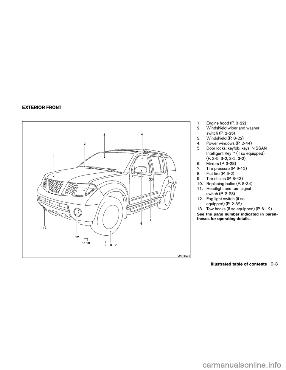 NISSAN PATHFINDER 2011  Owner´s Manual 1. Engine hood (P. 3-22)
2. Windshield wiper and washerswitch (P. 2-25)
3. Windshield (P. 8-22)
4. Power windows (P. 2-44)
5. Door locks, keyfob, keys, NISSAN
Intelligent Key ™ (if so equipped)
(P. 