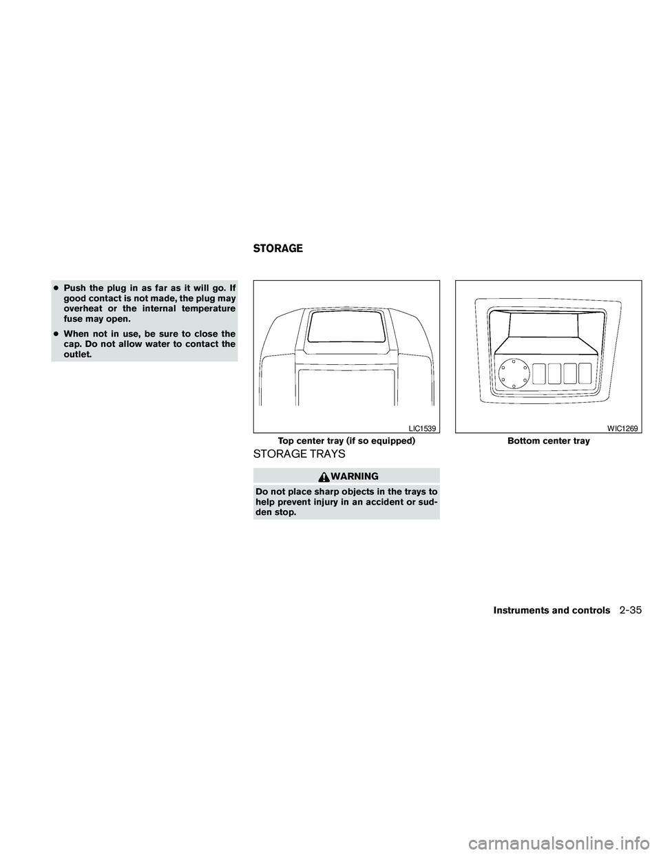 NISSAN PATHFINDER 2010 Owner´s Manual cPush the plug in as far as it will go. If
good contact is not made, the plug may
overheat or the internal temperature
fuse may open.
cWhen not in use, be sure to close the
cap. Do not allow water to NISSAN PATHFINDER 2010 Owner´s Manual cPush the plug in as far as it will go. If
good contact is not made, the plug may
overheat or the internal temperature
fuse may open.
cWhen not in use, be sure to close the
cap. Do not allow water to