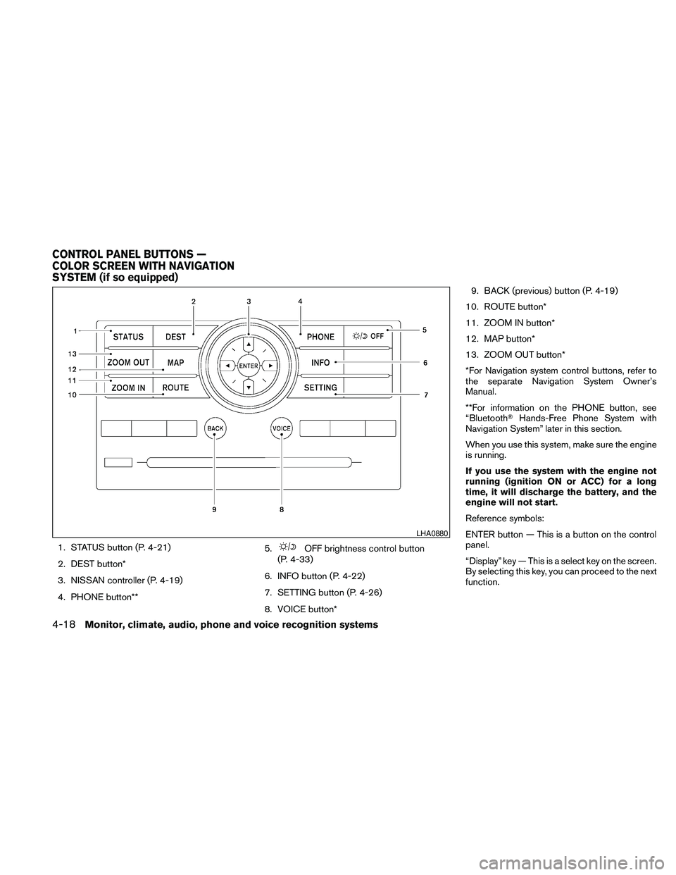 NISSAN PATHFINDER 2010 Owner´s Manual 1. STATUS button (P. 4-21)
2. DEST button*
3. NISSAN controller (P. 4-19)
4. PHONE button**5.OFF brightness control button
(P. 4-33)
6. INFO button (P. 4-22)
7. SETTING button (P. 4-26)
8. VOICE butto NISSAN PATHFINDER 2010 Owner´s Manual 1. STATUS button (P. 4-21)
2. DEST button*
3. NISSAN controller (P. 4-19)
4. PHONE button**5.OFF brightness control button
(P. 4-33)
6. INFO button (P. 4-22)
7. SETTING button (P. 4-26)
8. VOICE butto