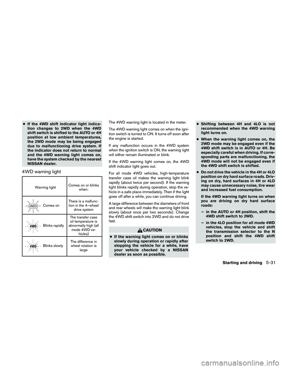 NISSAN PATHFINDER 2010  Owner´s Manual cIf the 4WD shift indicator light indica-
tion changes to 2WD when the 4WD
shift switch is shifted to the AUTO or 4H
position at low ambient temperatures,
the 2WD mode may be being engaged
due to malf