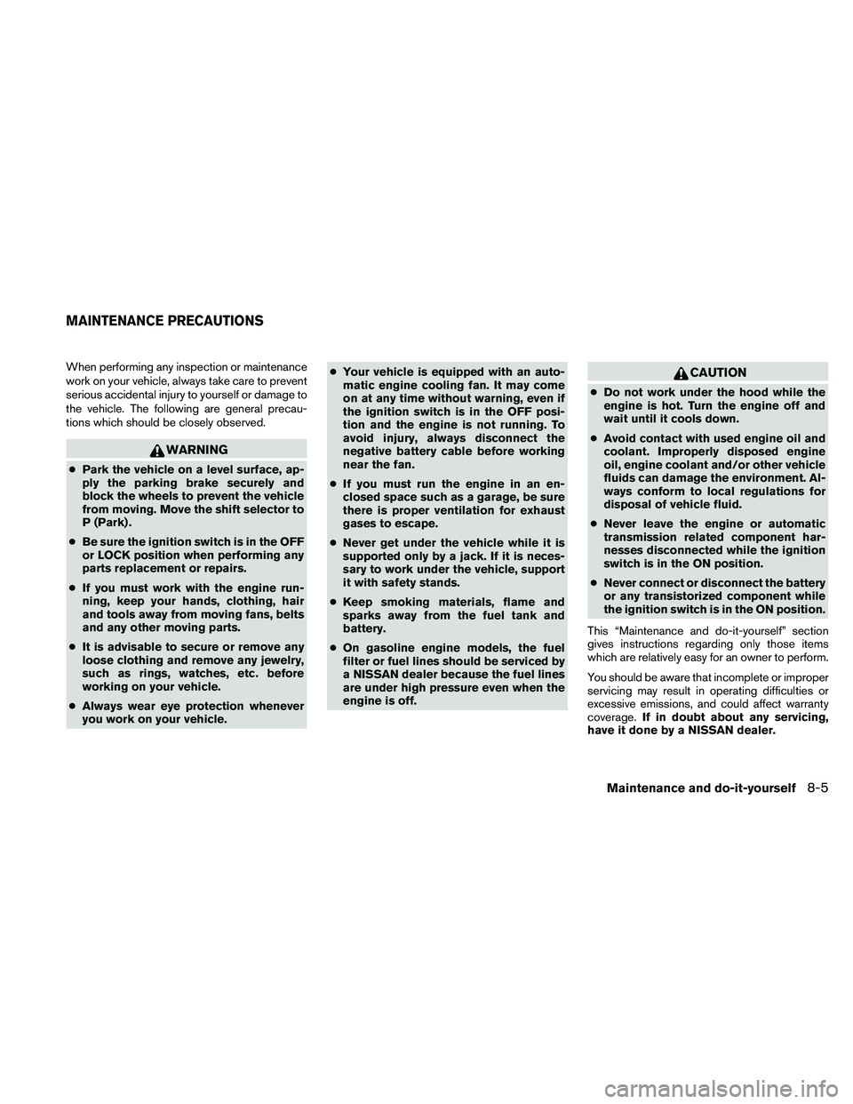 NISSAN PATHFINDER 2010  Owner´s Manual When performing any inspection or maintenance
work on your vehicle, always take care to prevent
serious accidental injury to yourself or damage to
the vehicle. The following are general precau-
tions 