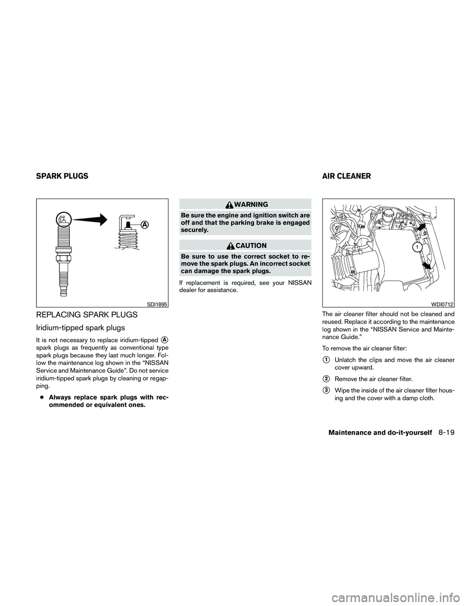 NISSAN PATHFINDER 2010  Owner´s Manual REPLACING SPARK PLUGS
Iridium-tipped spark plugs
It is not necessary to replace iridium-tippedsA
spark plugs as frequently as conventional type
spark plugs because they last much longer. Fol-
low the 