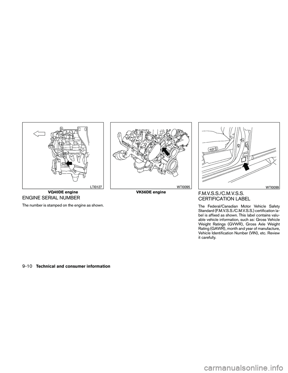 NISSAN PATHFINDER 2010 Owner´s Manual ENGINE SERIAL NUMBER
The number is stamped on the engine as shown.
F.M.V.S.S./C.M.V.S.S.
CERTIFICATION LABEL
The Federal/Canadian Motor Vehicle Safety
Standard (F.M.V.S.S./C.M.V.S.S.) certification la NISSAN PATHFINDER 2010 Owner´s Manual ENGINE SERIAL NUMBER
The number is stamped on the engine as shown.
F.M.V.S.S./C.M.V.S.S.
CERTIFICATION LABEL
The Federal/Canadian Motor Vehicle Safety
Standard (F.M.V.S.S./C.M.V.S.S.) certification la