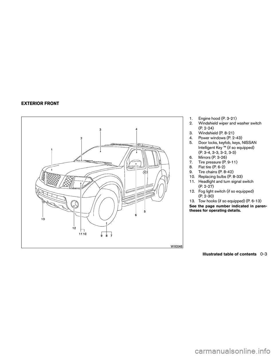 NISSAN PATHFINDER 2010  Owner´s Manual 1. Engine hood (P. 3-21)
2. Windshield wiper and washer switch
(P. 2-24)
3. Windshield (P. 8-21)
4. Power windows (P. 2-43)
5. Door locks, keyfob, keys, NISSAN
Intelligent Key ™ (if so equipped)
(P.