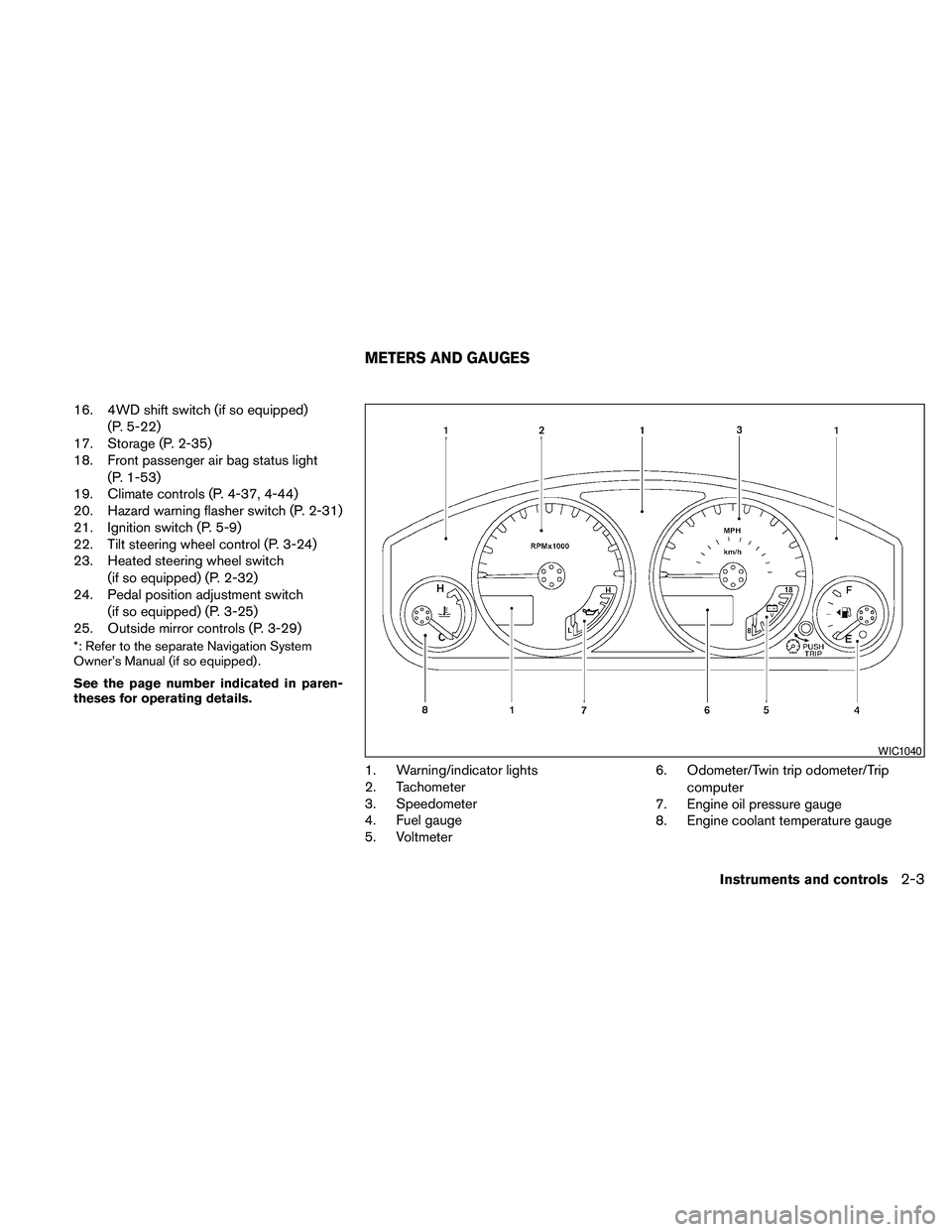 NISSAN PATHFINDER 2010  Owner´s Manual 16. 4WD shift switch (if so equipped)
(P. 5-22)
17. Storage (P. 2-35)
18. Front passenger air bag status light
(P. 1-53)
19. Climate controls (P. 4-37, 4-44)
20. Hazard warning flasher switch (P. 2-31