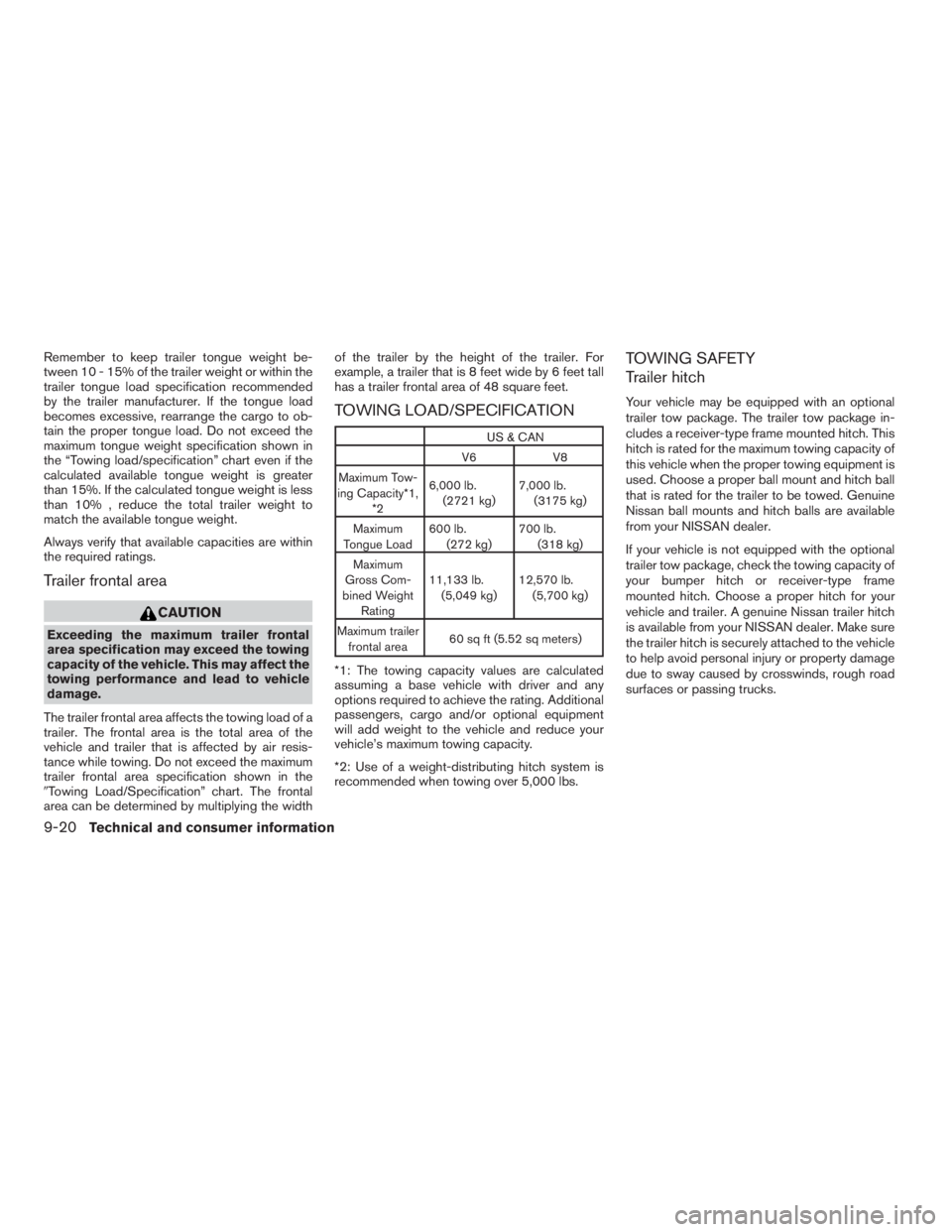 NISSAN PATHFINDER 2009 Owner´s Manual Remember to keep trailer tongue weight be-
tween 10 - 15% of the trailer weight or within the
trailer tongue load specification recommended
by the trailer manufacturer. If the tongue load
becomes exce NISSAN PATHFINDER 2009 Owner´s Manual Remember to keep trailer tongue weight be-
tween 10 - 15% of the trailer weight or within the
trailer tongue load specification recommended
by the trailer manufacturer. If the tongue load
becomes exce
