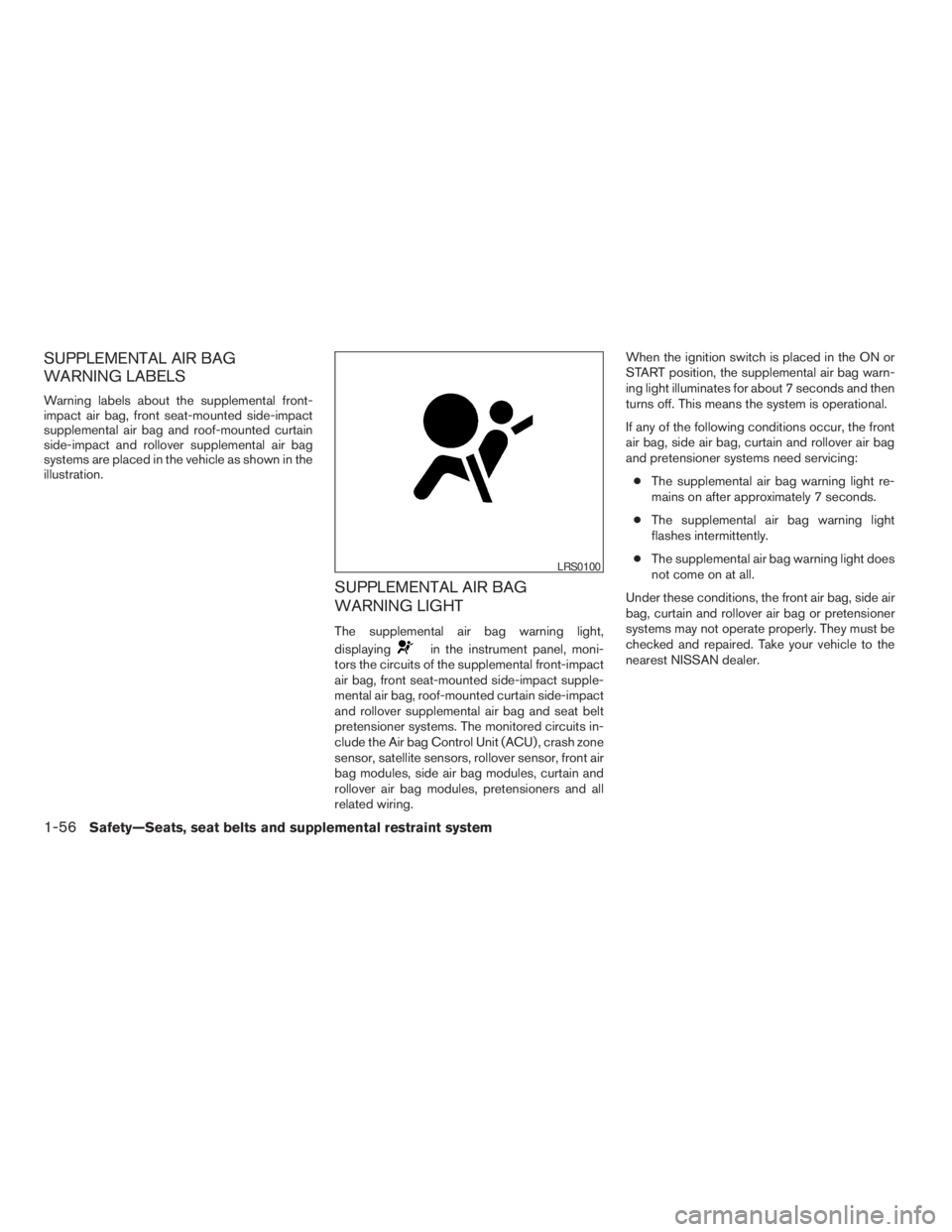 NISSAN PATHFINDER 2009  Owner´s Manual SUPPLEMENTAL AIR BAG
WARNING LABELS
Warning labels about the supplemental front-
impact air bag, front seat-mounted side-impact
supplemental air bag and roof-mounted curtain
side-impact and rollover s