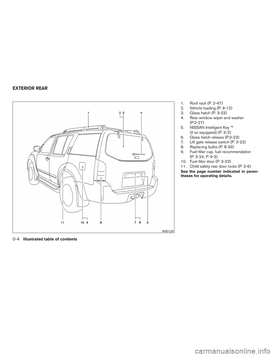 NISSAN PATHFINDER 2009  Owner´s Manual 1. Roof rack (P. 2-47)
2. Vehicle loading (P. 9-12)
3. Glass hatch (P. 3-23)
4. Rear window wiper and washer
(P.2-27)
5. NISSAN Intelligent Key ™
(if so equipped) (P. 3-2)
6. Glass hatch release (P.