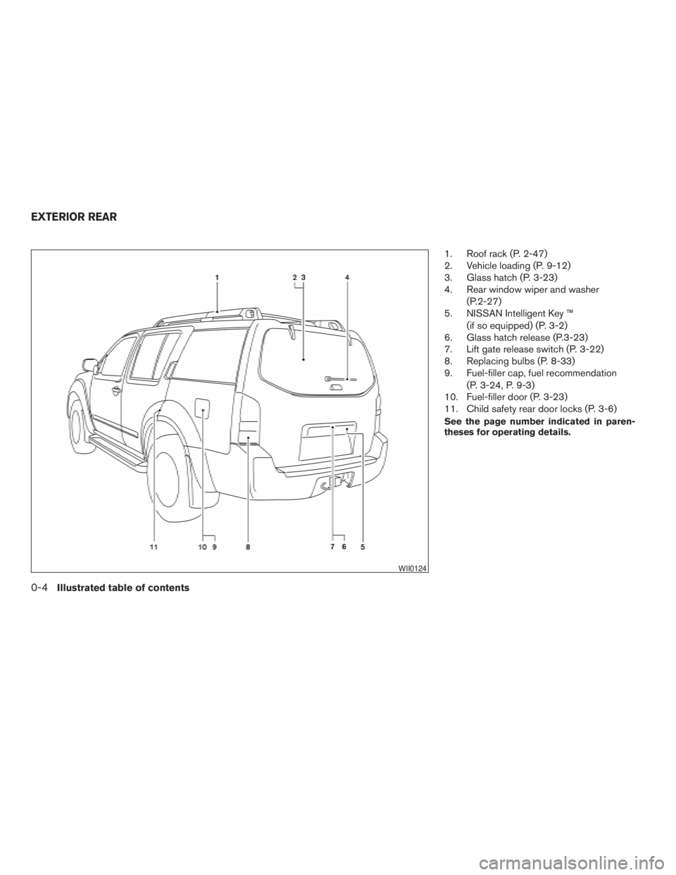 NISSAN PATHFINDER 2009 Owner´s Manual 1. Roof rack (P. 2-47)
2. Vehicle loading (P. 9-12)
3. Glass hatch (P. 3-23)
4. Rear window wiper and washer
(P.2-27)
5. NISSAN Intelligent Key ™
(if so equipped) (P. 3-2)
6. Glass hatch release (P. NISSAN PATHFINDER 2009 Owner´s Manual 1. Roof rack (P. 2-47)
2. Vehicle loading (P. 9-12)
3. Glass hatch (P. 3-23)
4. Rear window wiper and washer
(P.2-27)
5. NISSAN Intelligent Key ™
(if so equipped) (P. 3-2)
6. Glass hatch release (P.