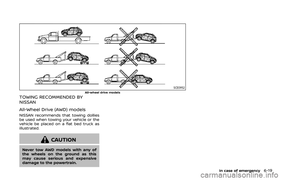 NISSAN QASHQAI 2020 Owner´s Manual SCE0952
All-wheel drive models
TOWING RECOMMENDED BY
NISSAN
All-Wheel Drive (AWD) models
NISSAN recommends that towing dollies
be used when towing your vehicle or the
vehicle be placed on a flat bed t NISSAN QASHQAI 2020 Owner´s Manual SCE0952
All-wheel drive models
TOWING RECOMMENDED BY
NISSAN
All-Wheel Drive (AWD) models
NISSAN recommends that towing dollies
be used when towing your vehicle or the
vehicle be placed on a flat bed t