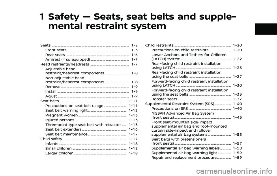 NISSAN QASHQAI 2019  Owner´s Manual 1 Safety — Seats, seat belts and supple-mental restraint system
Seats ........................................................................\
............................... 1-2
Front seats ......
