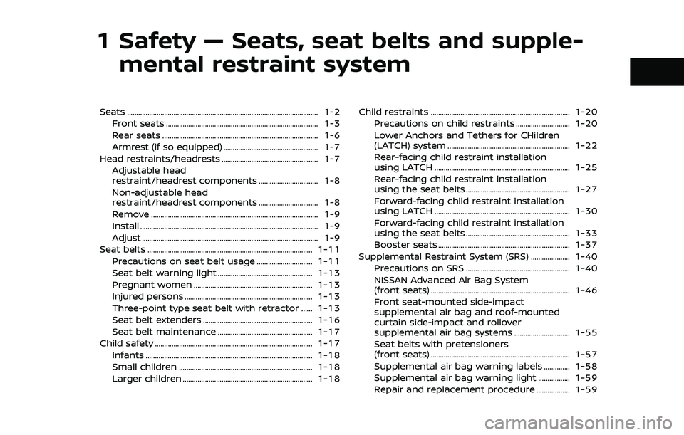NISSAN QASHQAI 2019 Owner´s Manual 1 Safety — Seats, seat belts and supple-mental restraint system
Seats ........................................................................\
............................... 1-2
Front seats ...... NISSAN QASHQAI 2019 Owner´s Manual 1 Safety — Seats, seat belts and supple-mental restraint system
Seats ........................................................................\
............................... 1-2
Front seats ......