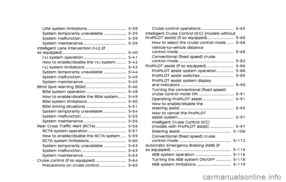 NISSAN QASHQAI 2019 Owner´s Manual LDW system limitations .................................................. 5-38
System temporarily unavailable ............................. 5-39
System malfunction .................................... NISSAN QASHQAI 2019 Owner´s Manual LDW system limitations .................................................. 5-38
System temporarily unavailable ............................. 5-39
System malfunction ....................................