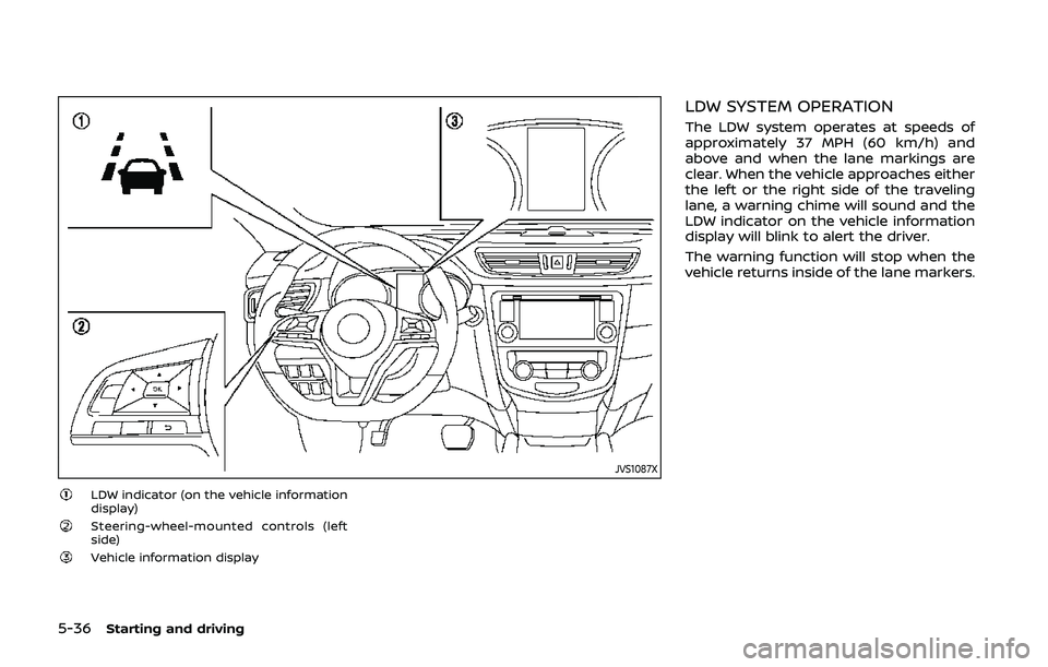NISSAN QASHQAI 2019 Owner´s Manual 5-36Starting and driving
JVS1087X
LDW indicator (on the vehicle information
display)
Steering-wheel-mounted controls (left
side)
Vehicle information display
LDW SYSTEM OPERATION
The LDW system operate NISSAN QASHQAI 2019 Owner´s Manual 5-36Starting and driving
JVS1087X
LDW indicator (on the vehicle information
display)
Steering-wheel-mounted controls (left
side)
Vehicle information display
LDW SYSTEM OPERATION
The LDW system operate