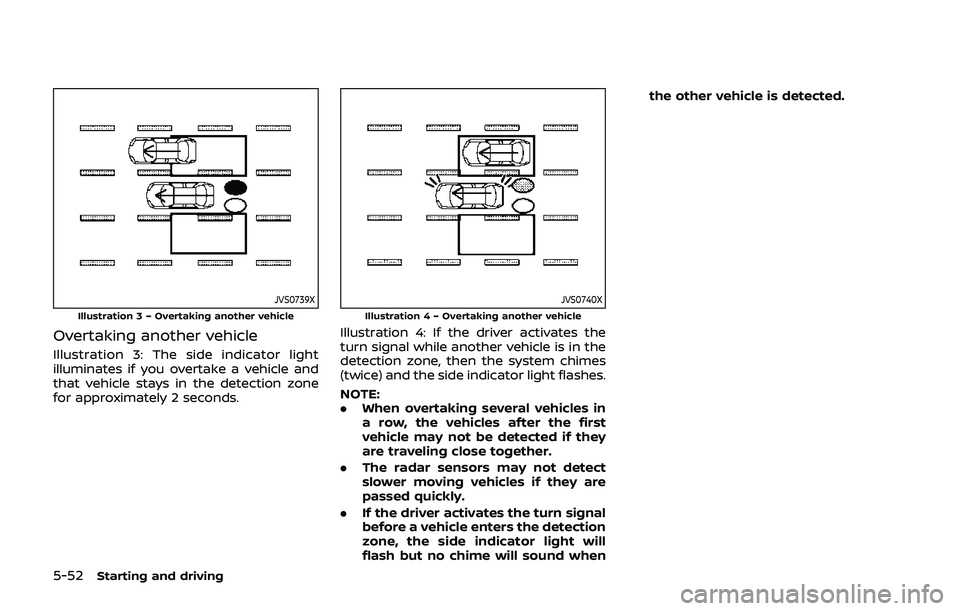 NISSAN QASHQAI 2019 Owner´s Manual 5-52Starting and driving
JVS0739XIllustration 3 – Overtaking another vehicle
Overtaking another vehicle
Illustration 3: The side indicator light
illuminates if you overtake a vehicle and
that vehicl NISSAN QASHQAI 2019 Owner´s Manual 5-52Starting and driving
JVS0739XIllustration 3 – Overtaking another vehicle
Overtaking another vehicle
Illustration 3: The side indicator light
illuminates if you overtake a vehicle and
that vehicl
