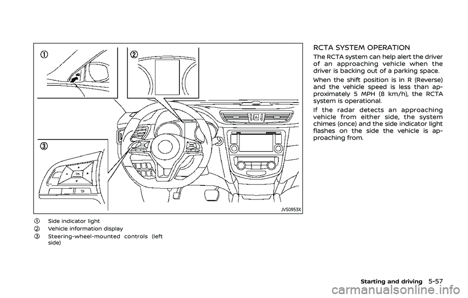 NISSAN QASHQAI 2019 Owner´s Manual JVS0953X
Side indicator lightVehicle information displaySteering-wheel-mounted controls (left
side)
RCTA SYSTEM OPERATION
The RCTA system can help alert the driver
of an approaching vehicle when the
d NISSAN QASHQAI 2019 Owner´s Manual JVS0953X
Side indicator lightVehicle information displaySteering-wheel-mounted controls (left
side)
RCTA SYSTEM OPERATION
The RCTA system can help alert the driver
of an approaching vehicle when the
d