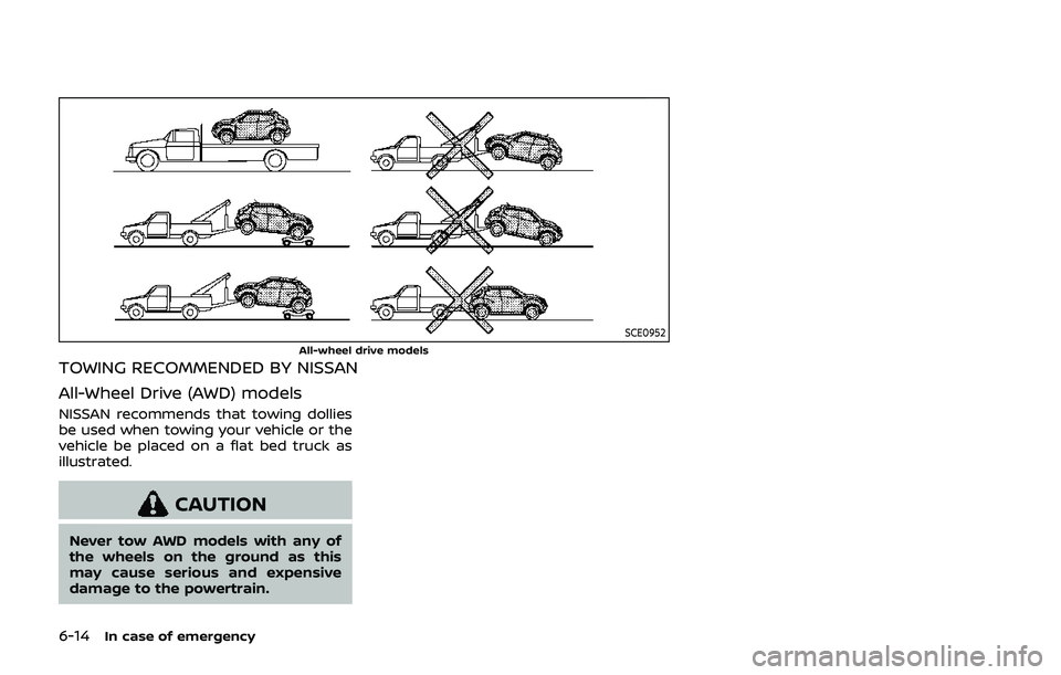 NISSAN QASHQAI 2019  Owner´s Manual 6-14In case of emergency
SCE0952All-wheel drive models
TOWING RECOMMENDED BY NISSAN
All-Wheel Drive (AWD) models
NISSAN recommends that towing dollies
be used when towing your vehicle or the
vehicle b