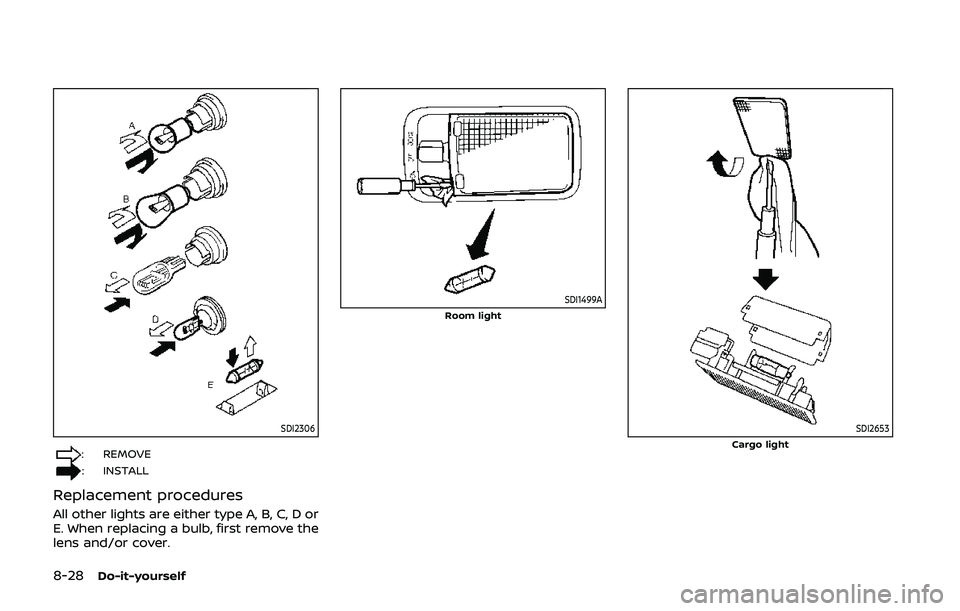 NISSAN QASHQAI 2019  Owner´s Manual 8-28Do-it-yourself
SDI2306
: REMOVE
: INSTALL
Replacement procedures
All other lights are either type A, B, C, D or
E. When replacing a bulb, first remove the
lens and/or cover.
SDI1499ARoom light
SDI