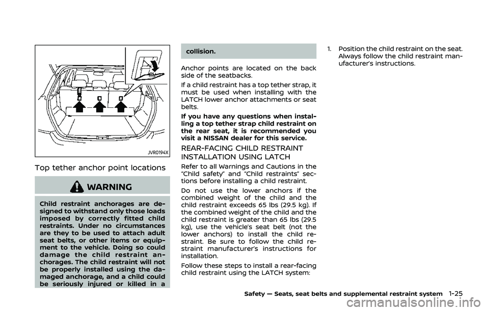 NISSAN QASHQAI 2019  Owner´s Manual JVR0194X
Top tether anchor point locations
WARNING
Child restraint anchorages are de-
signed to withstand only those loads
imposed by correctly fitted child
restraints. Under no circumstances
are they