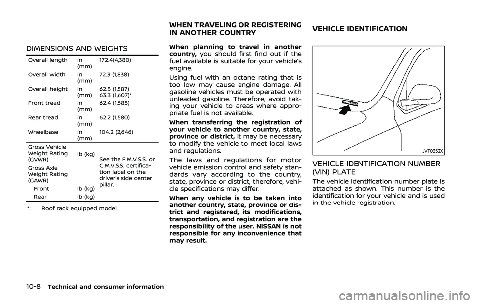 NISSAN QASHQAI 2019  Owner´s Manual 10-8Technical and consumer information
DIMENSIONS AND WEIGHTS
Overall length in(mm)172.4(4,380)
Overall width in (mm)72.3 (1,838)
Overall height in (mm)62.5 (1,587)
63.3 (1,607)*
Front tread in (mm)62