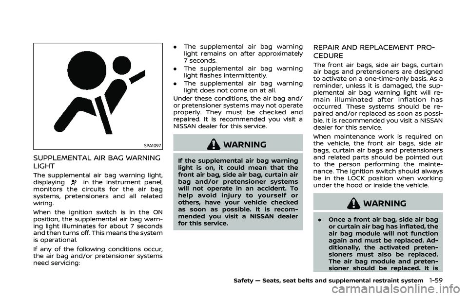 NISSAN QASHQAI 2019  Owner´s Manual SPA1097
SUPPLEMENTAL AIR BAG WARNING
LIGHT
The supplemental air bag warning light,
displayingin the instrument panel,
monitors the circuits for the air bag
systems, pretensioners and all related
wirin